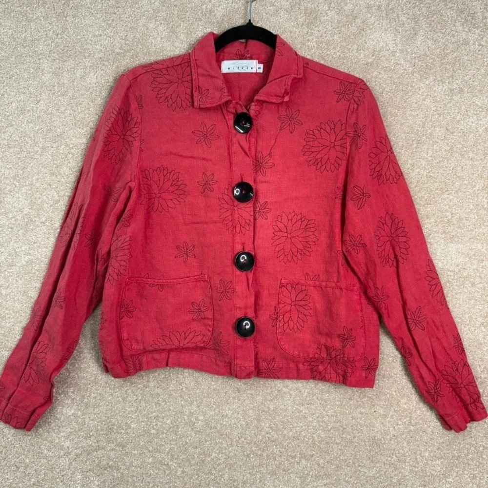 WILLOW 100% Linen‎ Floral Jacket Women's Small Red Button Front Lagenlook Boho